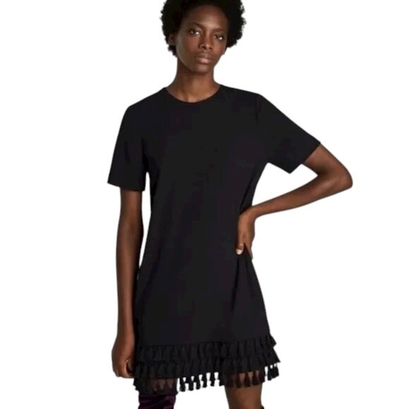 Zara Black Tassel Fringe Shift Short Sleeve Mini Dress Size Small - Picture 10 of 11